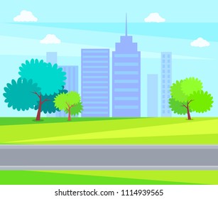 City park green trees and grass on background of skyscrapers vector illustration of urban buildings, offices and business centers on backdrop of blue sky