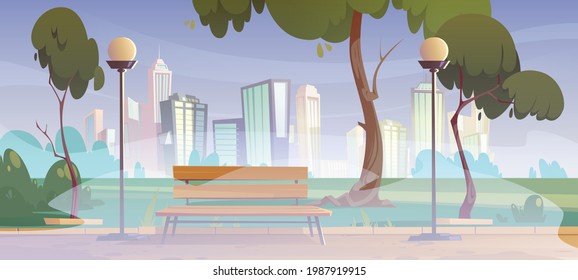 City park with green trees, grass, wooden bench and lanterns in fog. Vector cartoon summer landscape with empty public garden with mist and town buildings on skyline