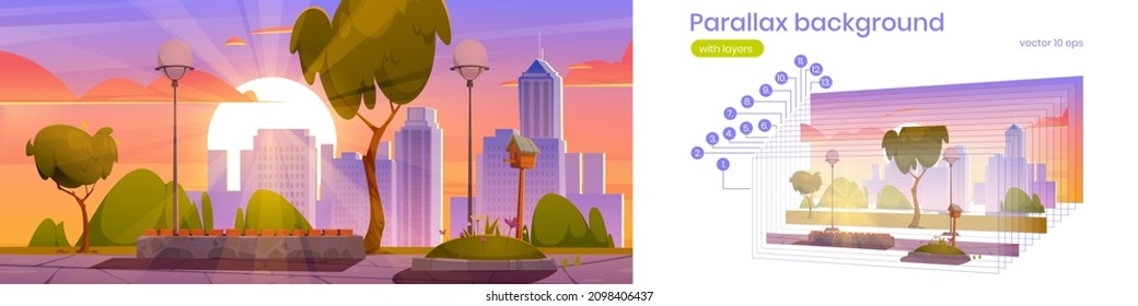 City park with green trees and grass, wooden bench and bird house at sunset. Vector parallax background for 2d animation with cartoon summer landscape of empty garden with lanterns and birdhouse