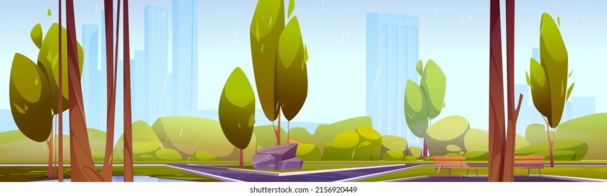 City park with green trees and grass, wooden benches and skyscrapers on skyline. Vector cartoon illustration of summer landscape of empty public garden with bushes, lawn and paths