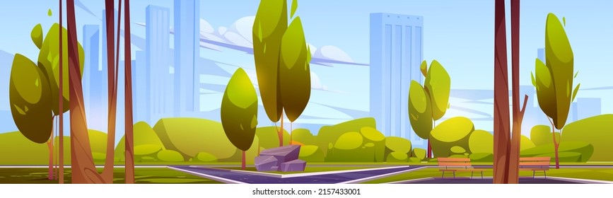 City park with green trees and grass, wooden benches and skyscrapers on skyline. Vector cartoon illustration of summer landscape of empty public garden with bushes, lawn and paths