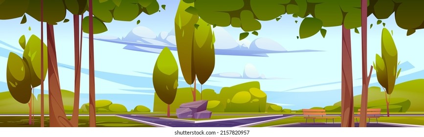 City park with green trees and grass, wooden benches and skyscrapers on skyline. Vector cartoon illustration of summer landscape of empty public garden with bushes, lawn and paths