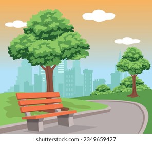 City park with green trees and grass, wooden bench, lanterns and town buildings on skyline