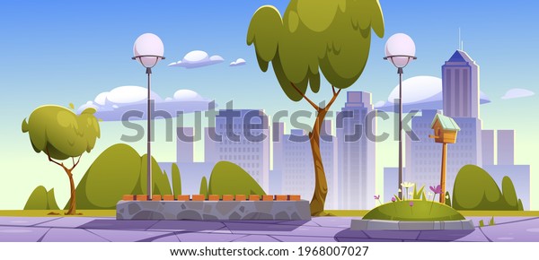 City Park Green Trees Grass Wooden Stock Vector (Royalty Free) 1968007027
