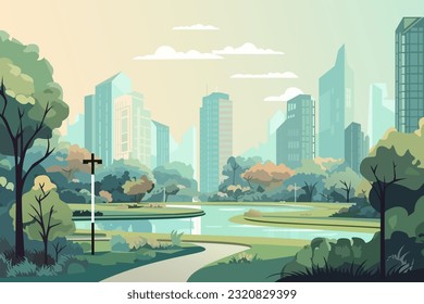 
City park with green trees, a path, a river and a lantern against the backdrop of a business center. Central Park. Landscape of a modern city park.
Natural landscape of the city and city park.