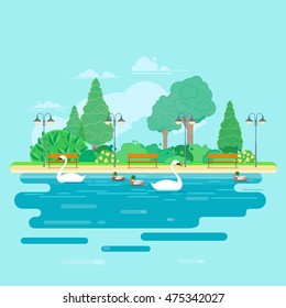 City park with green trees, street lamps and benches. Swans and ducks swim in the pond. Vector illustration  in flat style.