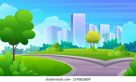 City park with green yard, trees, grass and City skyline, cartoon public garden landscape