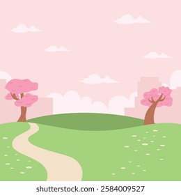 City park hill landscape with cherry blossom tree