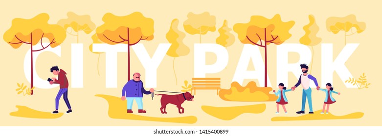 City park horizontal banner template. People enjoying in public garden. Autumn Outdoors activities. Flat Art Vector illustration