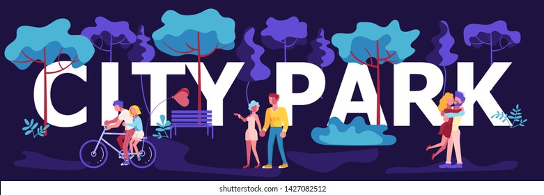 City park horizontal banner template. People enjoying in public garden. Night Outdoors activities. Flat Art Vector illustration
