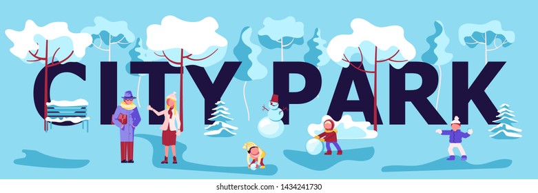 City park horizontal banner template. People enjoying in public garden. Winter Outdoors activities. Flat Art Vector illustration