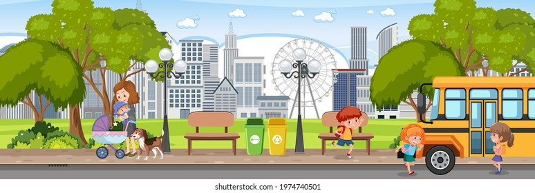 City park horizontal scene with many people illustration