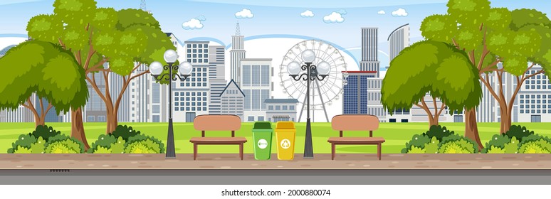 City park horizontal scene with many buildings background illustration