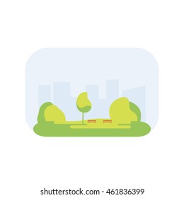 City park icon with a lawn, trees, lush grass with a wooden bench on the background of the city. Vector illustration flat design. Urban landscape