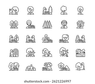 City Park Icon Set. Editable stroke. The set contains icons as Spring, Tree, Fitness, Friendship, Grass, Healthy Lifestyle, Landscape, Nature