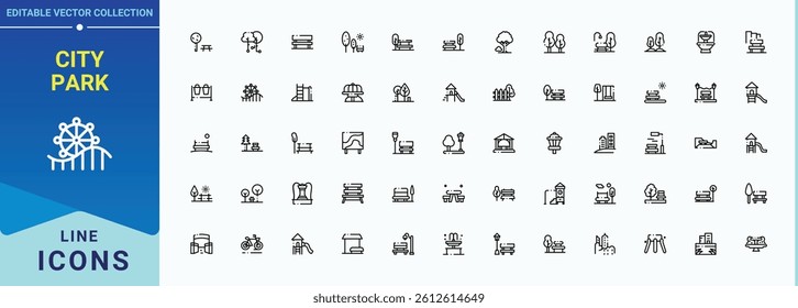 City Park icon set in linear style. Featuring city, cityscape, landscape, recreation, outdoor, town and more. Minimal linear icons. Town simple icon set. Editable stroke. Vector illustration.