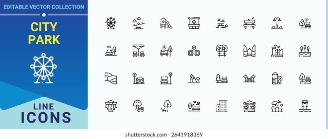 City Park icon set. Pictograms of lake, outdoor, cityscape and more. Park linear icon collection. Modern linear icons. Art and illustration.