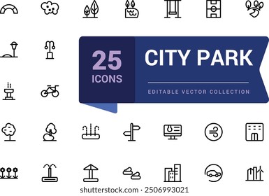 Stadtpark Ikonen gesetzt. Paket von linearen Stil Stadtpark Icons. Einfache bearbeitbare Vektorstrichgrafik.