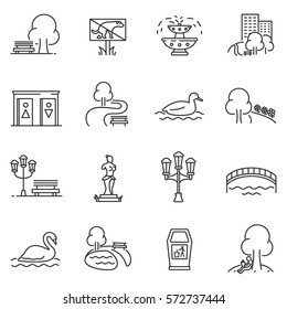 City park icons set. The open plot of land for recreation, thin line design. isolated symbols collection