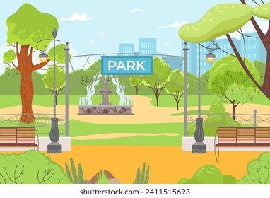 City park illustration with fountain, trees, benches, footpath, and lamp posts. Urban landscape with public garden, recreation area, city skyline background vector illustration.