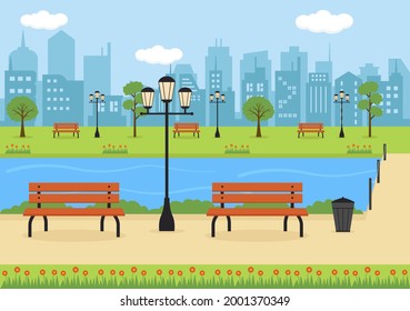 City Park Illustration For People Doing Sport, Relaxing, Playing Or Recreation With Green Tree And Lawn. Scenery Urban Background 