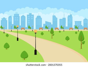 City Park Illustration For People Doing Sport, Relaxing, Playing Or Recreation With Green Tree And Lawn. Scenery Urban Background 