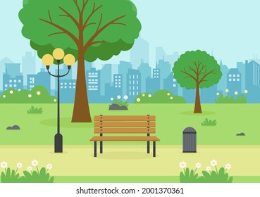 City Park Illustration For People Doing Sport, Relaxing, Playing Or Recreation With Green Tree And Lawn. Scenery Urban Background 