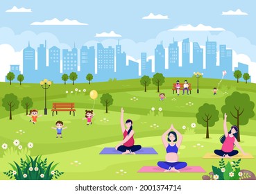 City Park Illustration For People Doing Sport, Relaxing, Playing Or Recreation With Green Tree And Lawn. Scenery Urban Background 