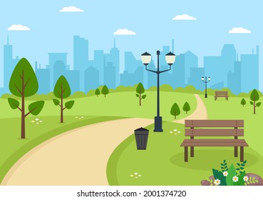 Ilustración Del Parque De La Ciudad Para Gente Haciendo Deporte, Relajándose, Jugando O Recreando Con Árbol Verde Y Césped. Sceneración Fondo Urbano 