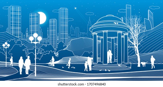 City park infrastructure illustration. Garden house. People walk and relax in nature. Evening city scene. Night wown at background. White lines on blue back. Vector design art