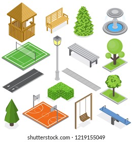 City park infrastructure isometric set of elements of greenery kid playground and sport courts isolated vector illustration