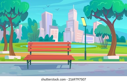 City park with a lake. Empty wooden bench, trees, street light, green bushes, road, and pathway. Beautiful, panoramic view of buildings and skyscrapers. Urban background. Cartoon vector illustration.