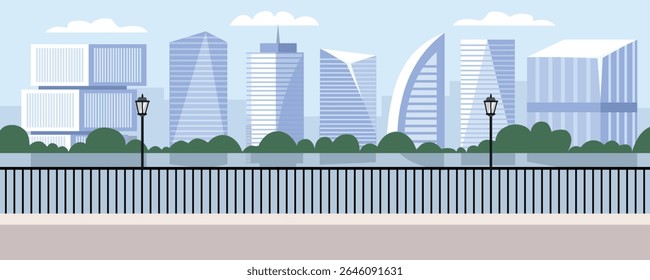 City park with lake and skyscraper view. Park bridge. Modern downtown in metropolitan area. Urban landscape.