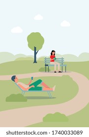 City park landscape background with people characters spending weekend outdoors on nature, flat vector illustration. People sitting on bench and grass lawn in urban park.