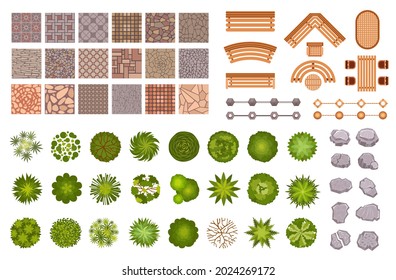 City park landscape design map elements top view. Garden trees and plant, benches, road path tile and rocks from above. Park plan vector set of element to landscape outdoor and map