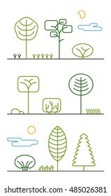 City Park landscape elements vector icons set. Line trees, flowers, bushes, clouds, stones, grass and plant. Design graphic outline urban signs.