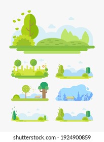 City Park Landscape Flat Vector Cartoon Illustration Set