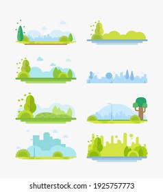 City Park Landscape Flat Vector Cartoon Illustration Set