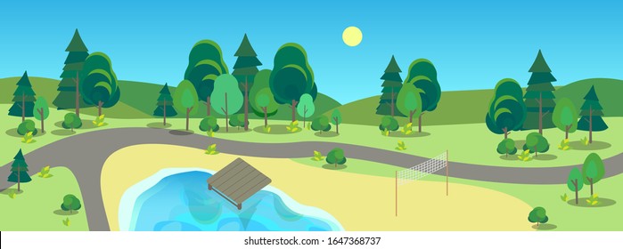 City park landscape. Green grass, pond and trees. Summer scenery with blue sky. Walkway in park. Vector illustration in cartoon style