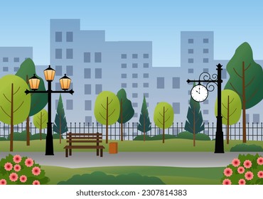City park landscape illustration. Lanterns and clocks, bench, urban high-rise buildings, green trees. Flat vector illustration with gradients. For advertising flyers, design and decor, packaging
