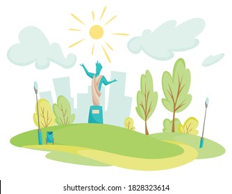 City park. Landscape on the background of tall houses. Monument in the middle of the park. Lawn and trees in flat style. Green park vegetation in center of big town