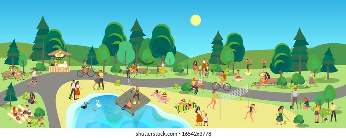 City park landscape. People enjoying being outside, doing sport and resting in the city park. Summer activity, picnic in the park. Summer scenery with blue sky. Vector illustration in cartoon style