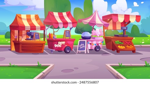 Paisaje del parque de la ciudad con tiendas de mercado callejero de alimentos y puestos con perritos calientes y café, frutas frescas y dulces de algodón de azúcar en el día de verano. Paisaje urbano de Vector de dibujos animados con stand de comida rápida y quiosco.