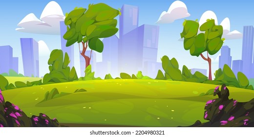 City park landscape, summer or spring time scenery background with cityscape view. Empty public place for walking and recreation with green trees and lawn. Urban garden Cartoon vector illustration