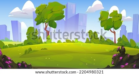 City park landscape, summer or spring time scenery background with cityscape view. Empty public place for walking and recreation with green trees and lawn. Urban garden Cartoon vector illustration