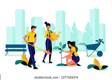 City Park Landscaping. Spring Or Summer Outdoor Works. Team Of Volunteer Planting In Town Garden. Vector Flat Illustration.