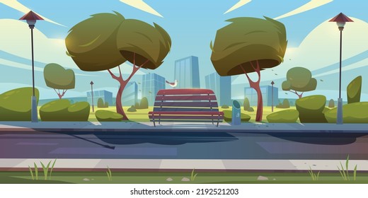 City park lane with front view of bench bird green trees and cityscape in background cartoon vector illustration