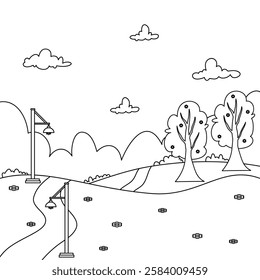 City park with lantern and trees coloring book