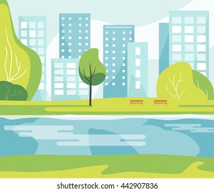 City park with a lawn, river, trees, lush grass with a wooden bench on the background of the city with business skyscrapers tall buildings. Vector illustration flat design. Urban landscape