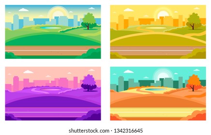 City park, lawn and tree. Flat style illustration. On background business city center with skyscrapers and large buildings, lake. Green park vegetation in center of big town. Set of four landscapes
